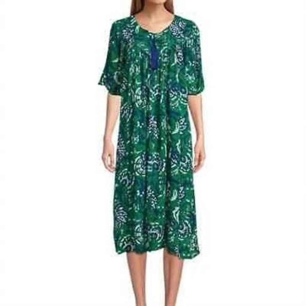NWT Go Softly 3X Patio Dress Kaftan Zip Crinkle Green Blue Floral 124638